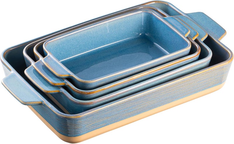 Dafuceramic Casserole Dishes for Oven, Baking Dishes, Ceramic Bakeware Sets of 4, Rectangular Baking Pan Set with Handles for Baking, Casserole, Kitchen, Wedding Gift (Blue Yellow) - Image 1